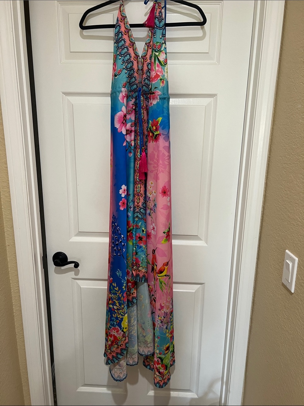 Vibrant Floral Halter Hi-Low Maxi Dress or Swim  Coverup in Blue & Pink